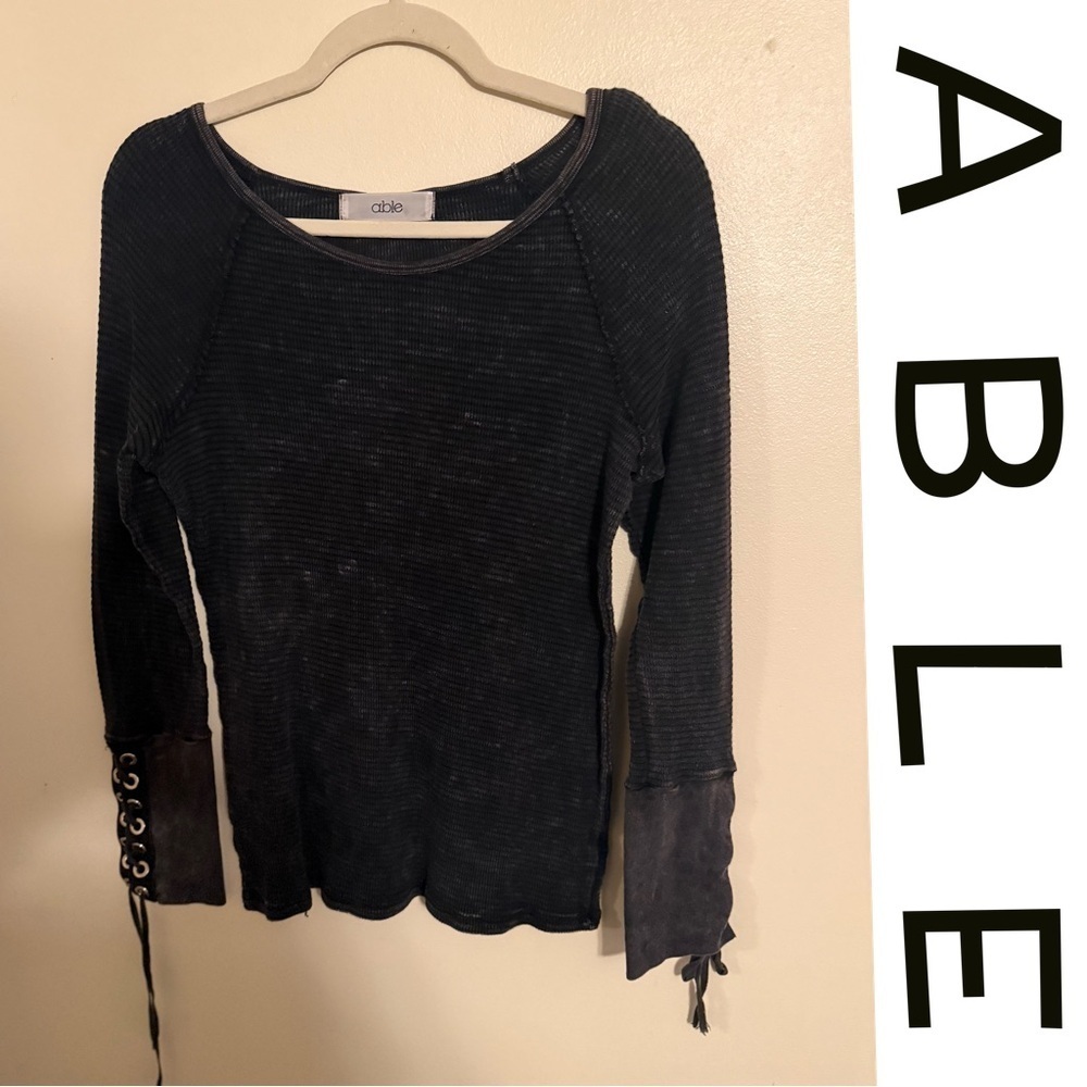 ABLE Black Ribbed Bleach-Dyed Lace-Up Cuff Long Sleeve Top – Size L - Picture 2 of 7